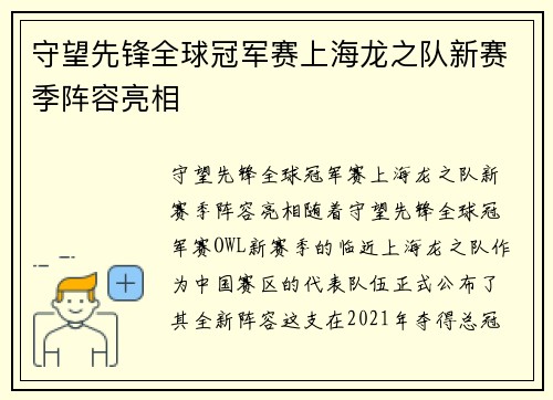 守望先锋全球冠军赛上海龙之队新赛季阵容亮相